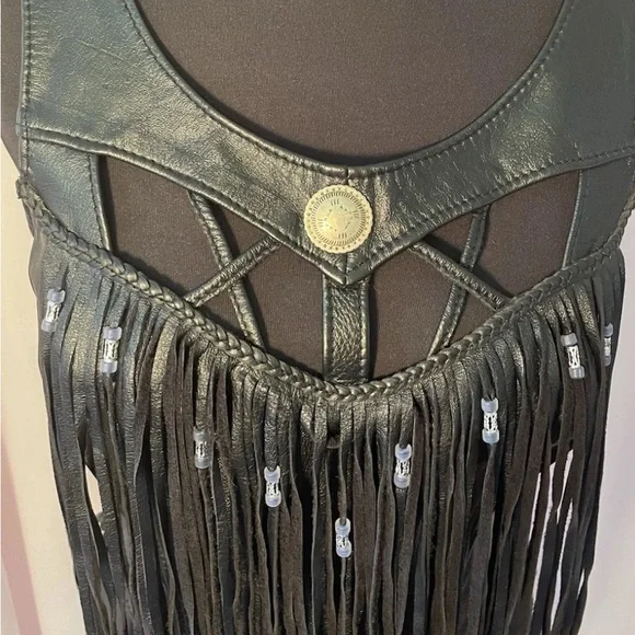 On The Fringe Leather Top/Biker/Gothic/Beaded Fringe - Picture 3 of 10